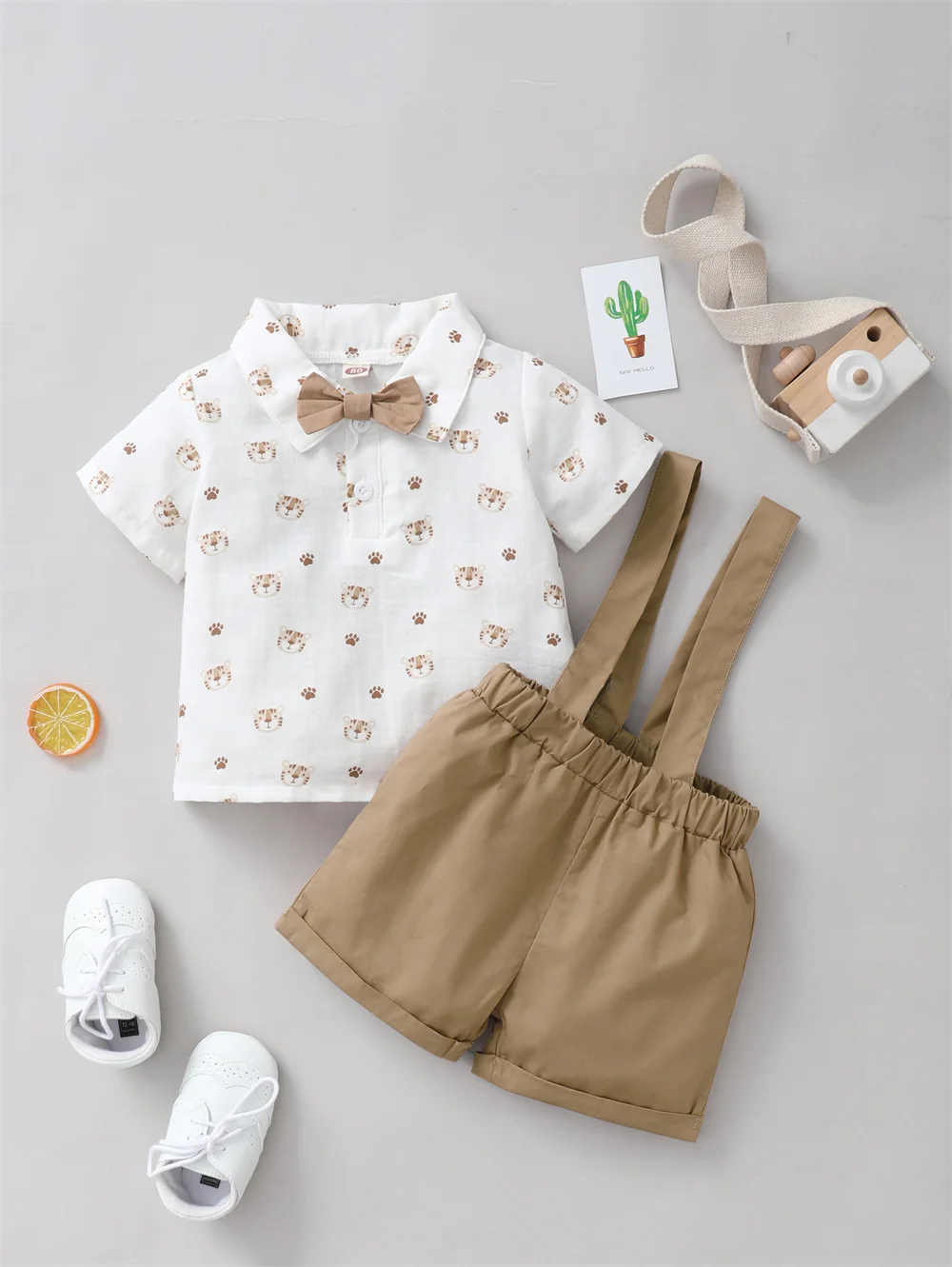 2PCS Infant Boy Clothes Set Tiger Print Short Sleeve with Bow+Strap Shorts Casual Party Birthday Suit for Toddler Boy 0-2 Years