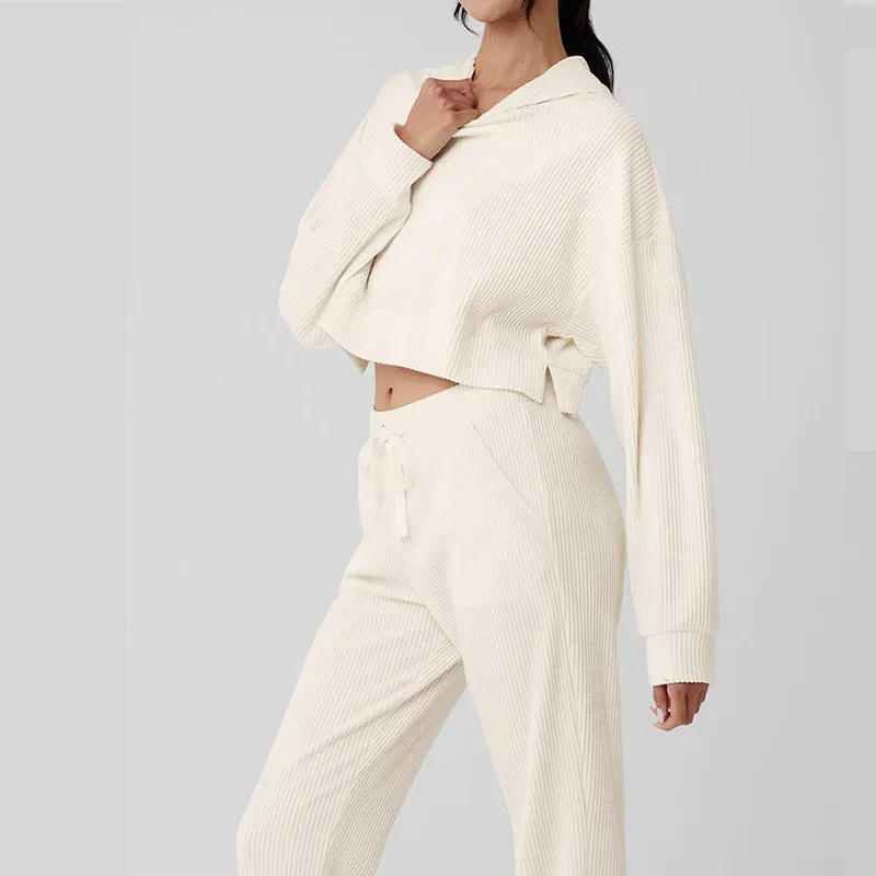 Nuevo conjunto deportivo y de ocio de pana con capucha y sudadera holgada para correr y Fitness, manga larga para mujer