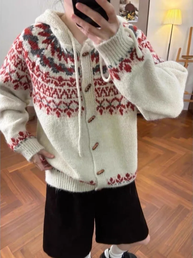 Retro Fair Isle Button Knit Sweater Cardigan Women's Loose Lazy Korean Style Autumn Winter Knitted Top Coat