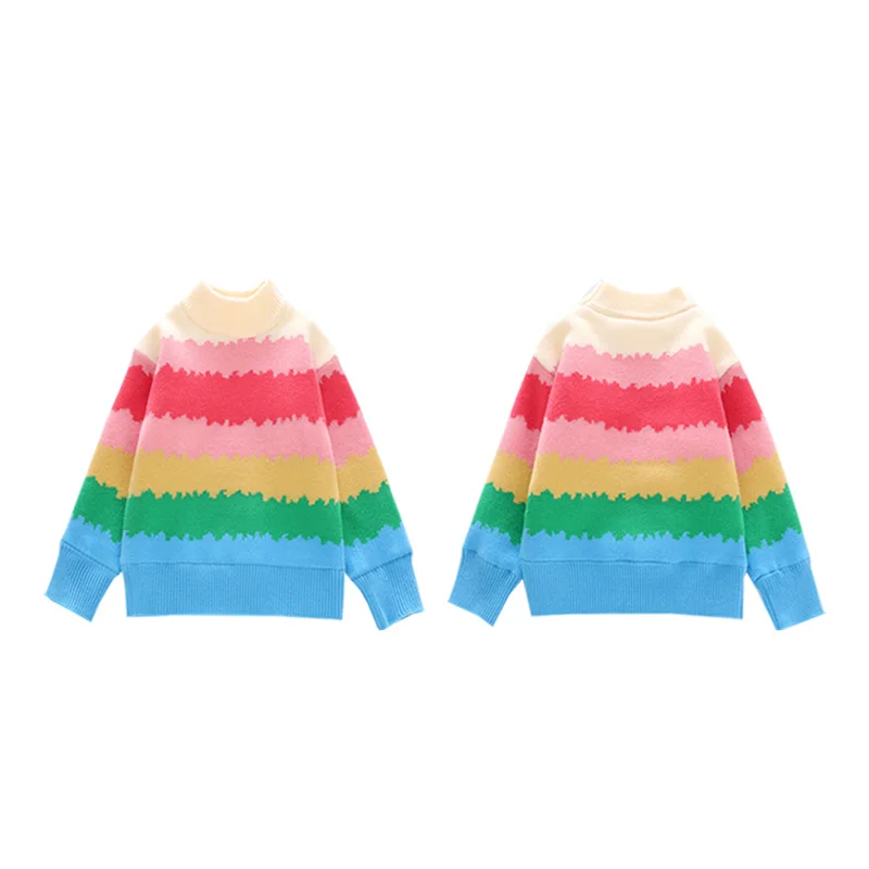 귀여운 소녀 다채로운 무지개 줄무늬 스웨터, 귀여운 아기 키즈 니트 의류, 패션 어린이 하이 스트리트 니트웨어, 4-14 세