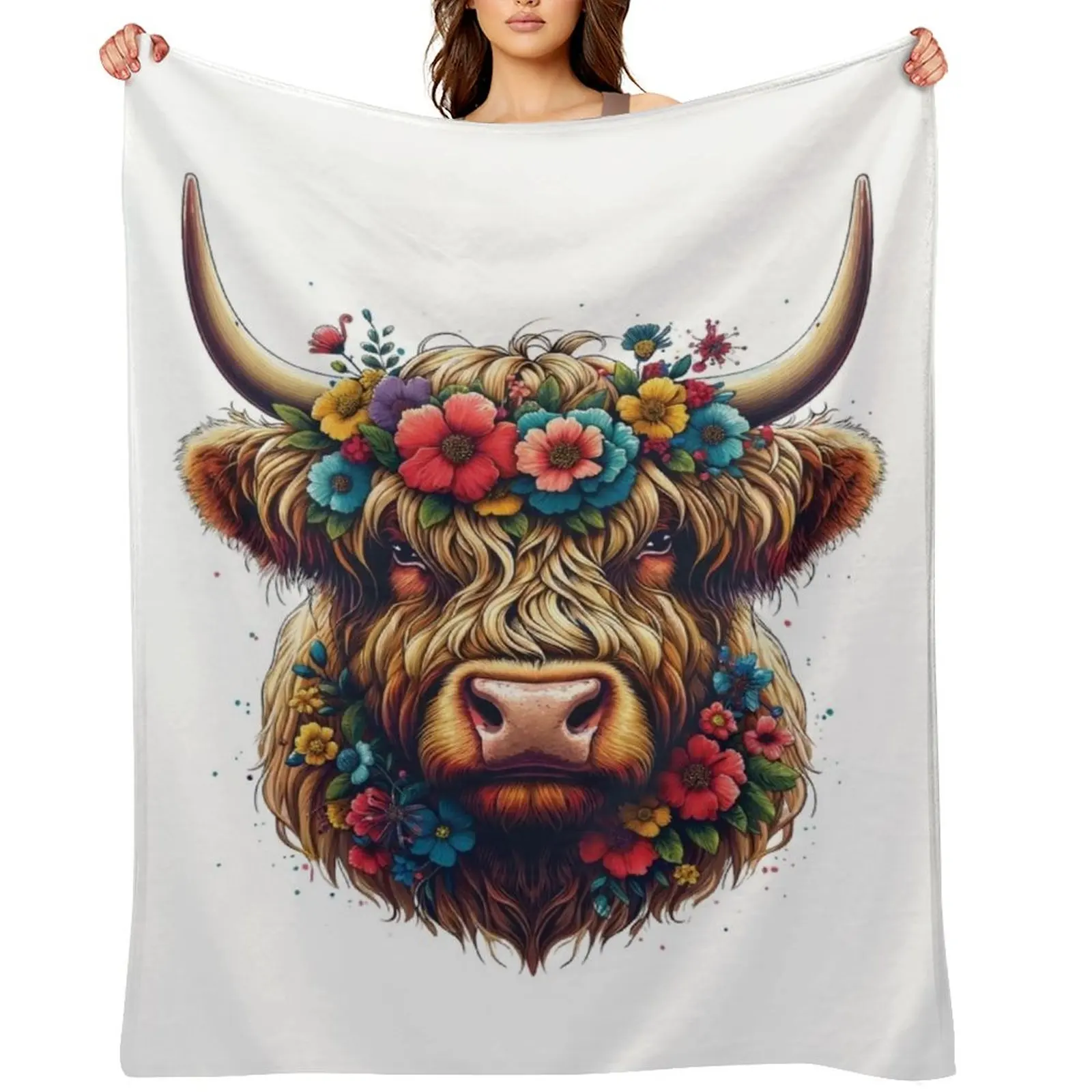 

Scottish Highland Cow Cattle Farm Hairy Cowgirl Flower Throw Blanket Hairy Furry valentine gift ideas Extra Large Throw Blankets