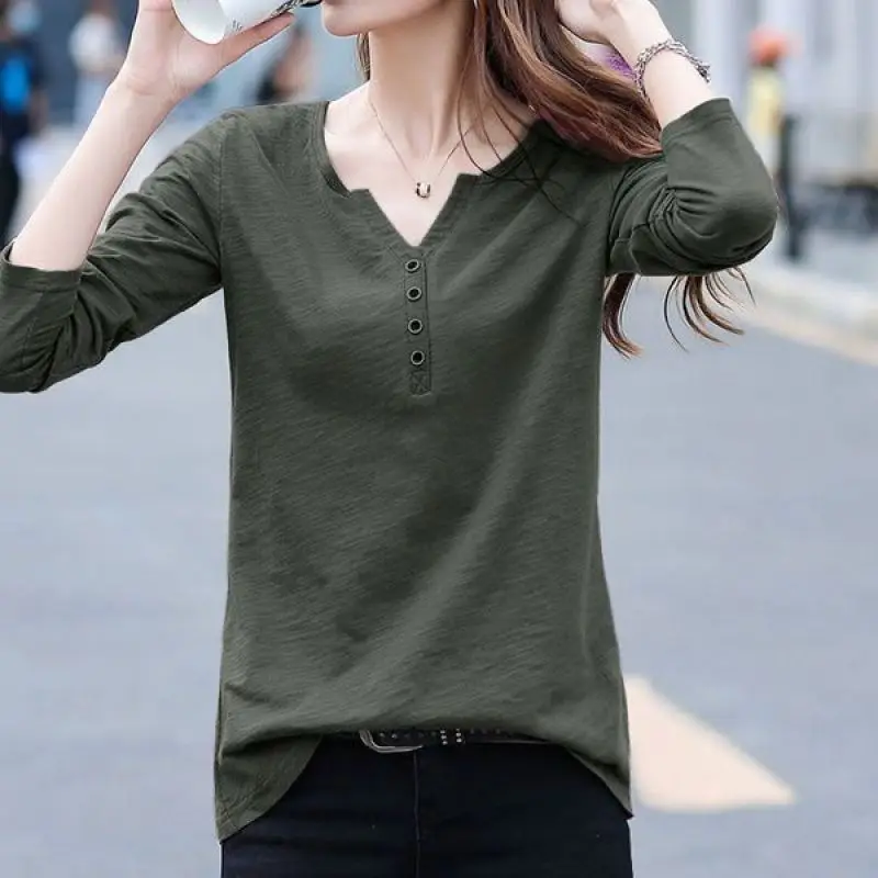 Female Clothing Spring and Autumn New Loose V-neck Button Tee Shirt Long Sleeve T-shirt Women\'s Large Pullover Casual Tops