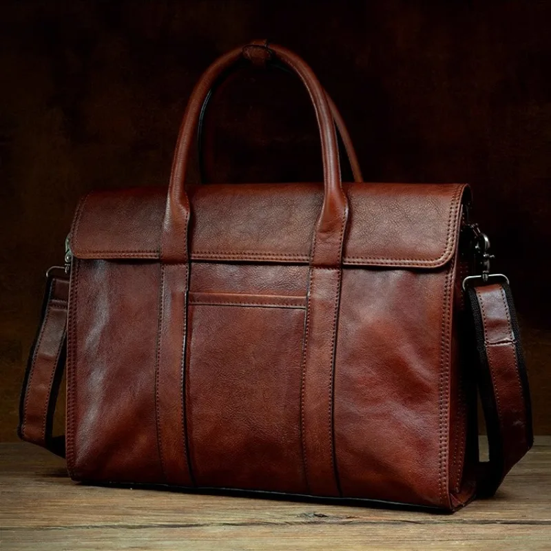 Handmade กระเป๋าถือหนังแท้ธุรกิจ Casual Premium Cowhide กระเป๋าเอกสารผู้ชายไหล่กระเป๋าคอมพิวเตอร์