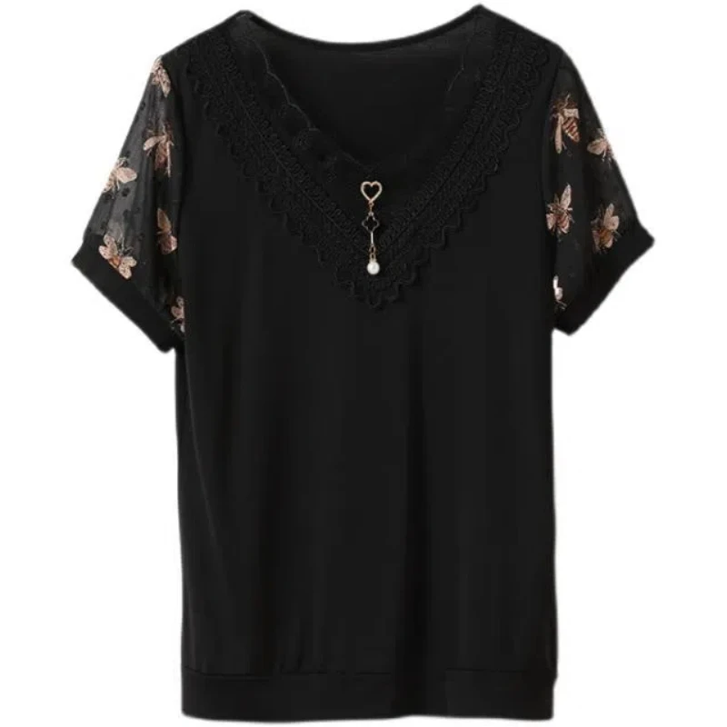 Summer Women\'s Clothing Crew Neck Pullover Lantern Short Sleeve Rivet Printing Lace Patchwork T-shirt Casual Elegant Tops