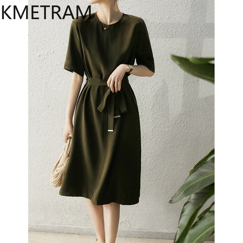 KMETRAM Mulberry Silk Olive Brown Dress for Women 2024 Summer Round Neck Mid-length Skirt Lace-up Dresses Intellectual Style