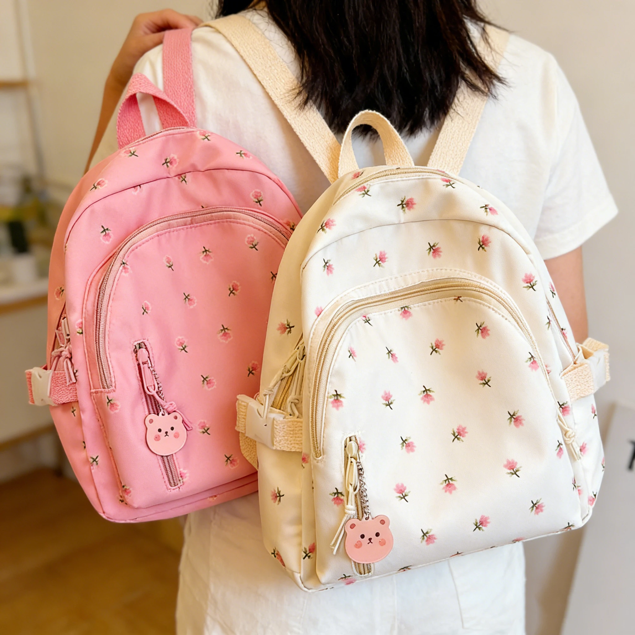 

Aesthetic Floral Print School Backpack Nylon Kawaii Bear Pendant Bookbag Waterproof Women Travel Rucksack Casual Daily Daypack