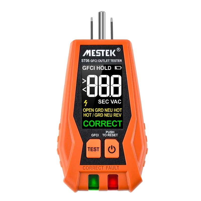 Mestek GFCI Outlet Tester 120V US Plug Color Screen GFCI Test Circuit Breaker Auto Hold Live Neuter Wire Test Socket Detector