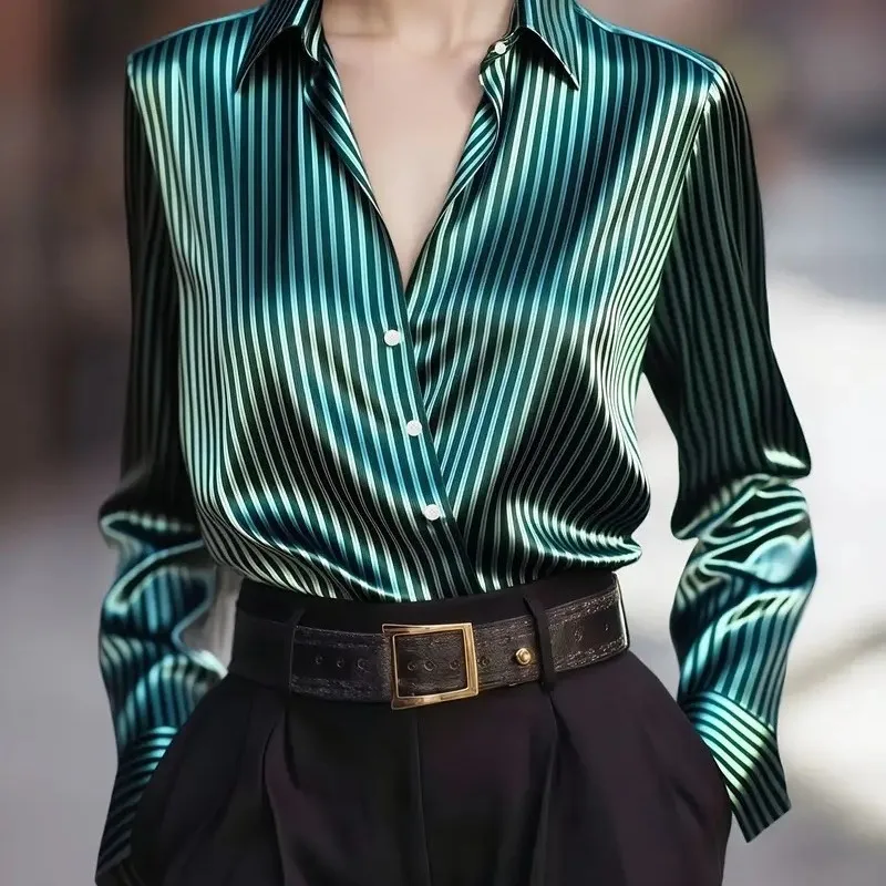 2023 Zomer Dames Satijn Casual Shirt Gestreept Borduren Lente Herfst Nieuwe Stijl Veelzijdige Comfortabele Dames Button Up Top