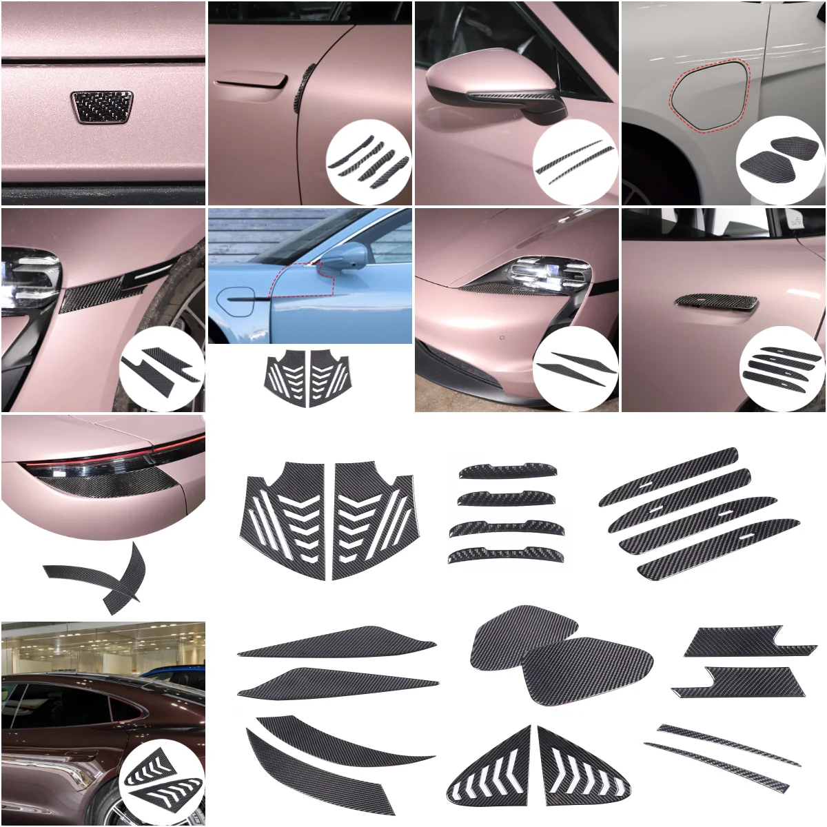 1Set Soft Carbon Fiber Exterior Door Handle Eyebrow Side Fender Decoration Cover Trim Fit For Porsche Taycan 2019-23