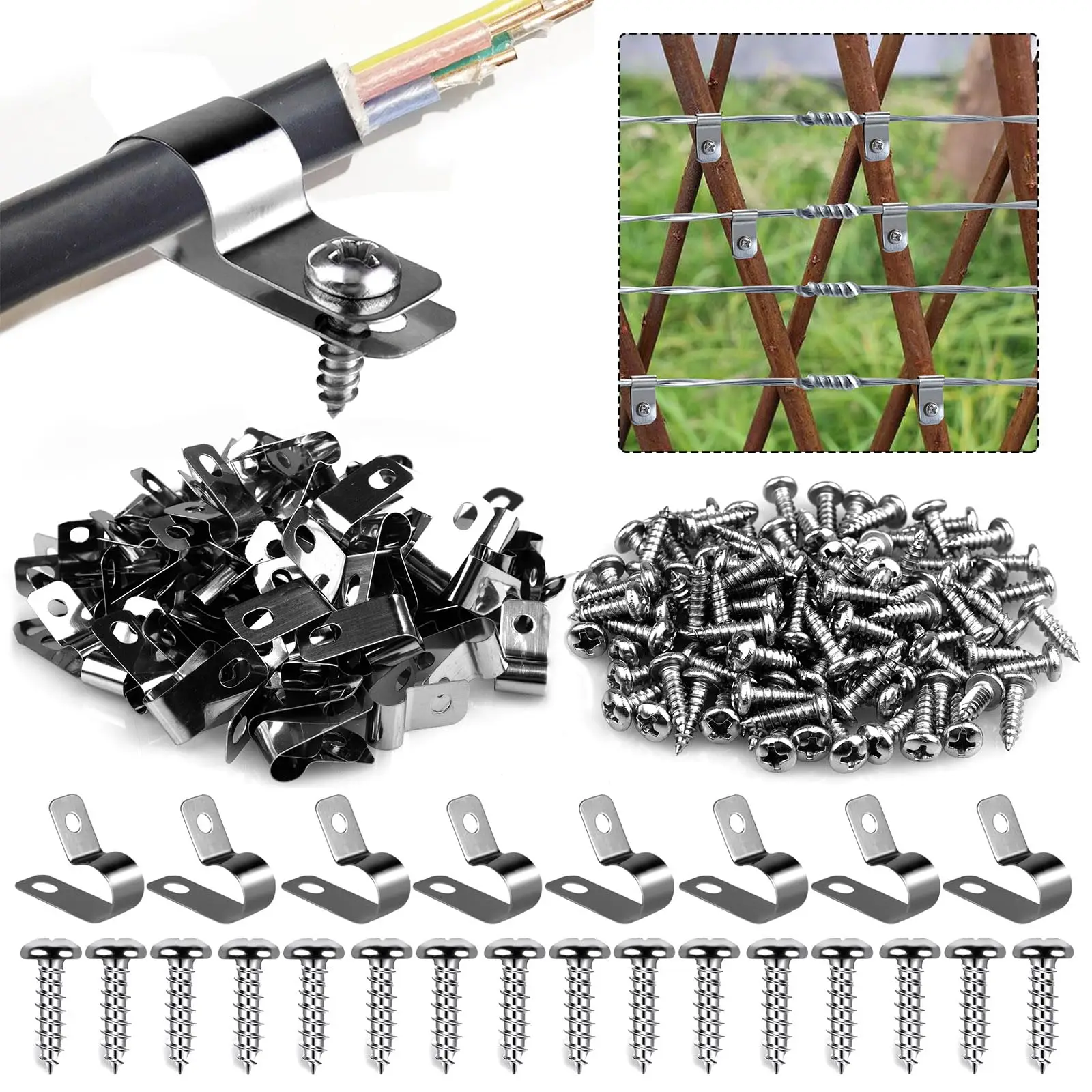 

100 Pcs Fence Wire Clamps Stainless Steel Fencing Mounting Clips with 100 Pcs Stainless Steel Screws for 2-6 Gauge Welded Wire