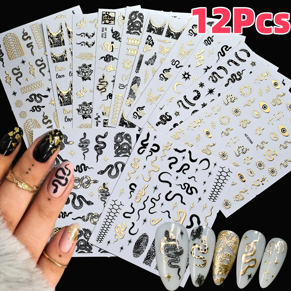 12Pcs 3D Bronzing Snake Sun Star Nail Stickers Gothic Snake Print Self-adhesive Nail Decals Punk Style Snakes Manicure Sliders &