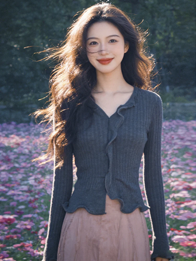 

Early Spring Atmosphere Beautiful Grey Open Cardigan And Skirt Set Casual Loose Fit V-Neck Knitwear High Waist Skirt