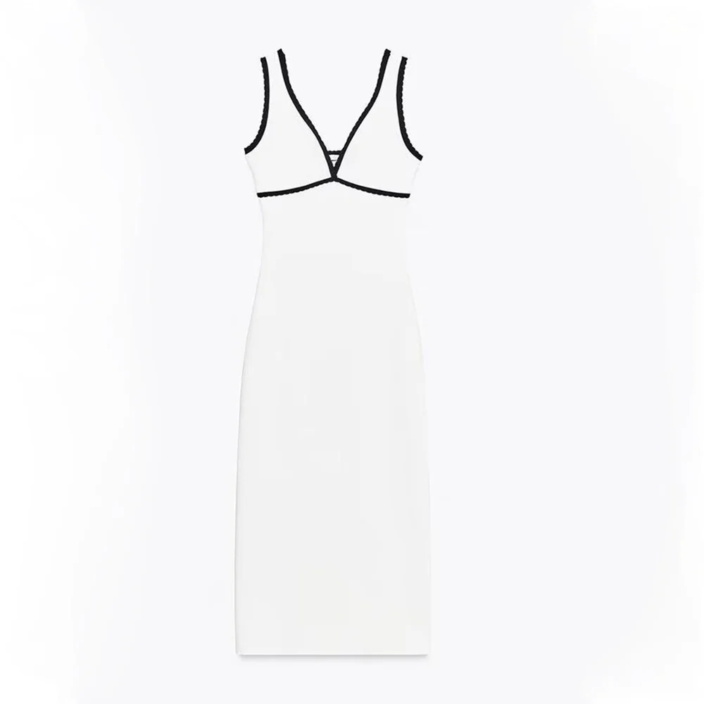 Feminino elegante simples cor contraste camada vestido verão nova moda sexy com decote em v sem mangas vestido longo