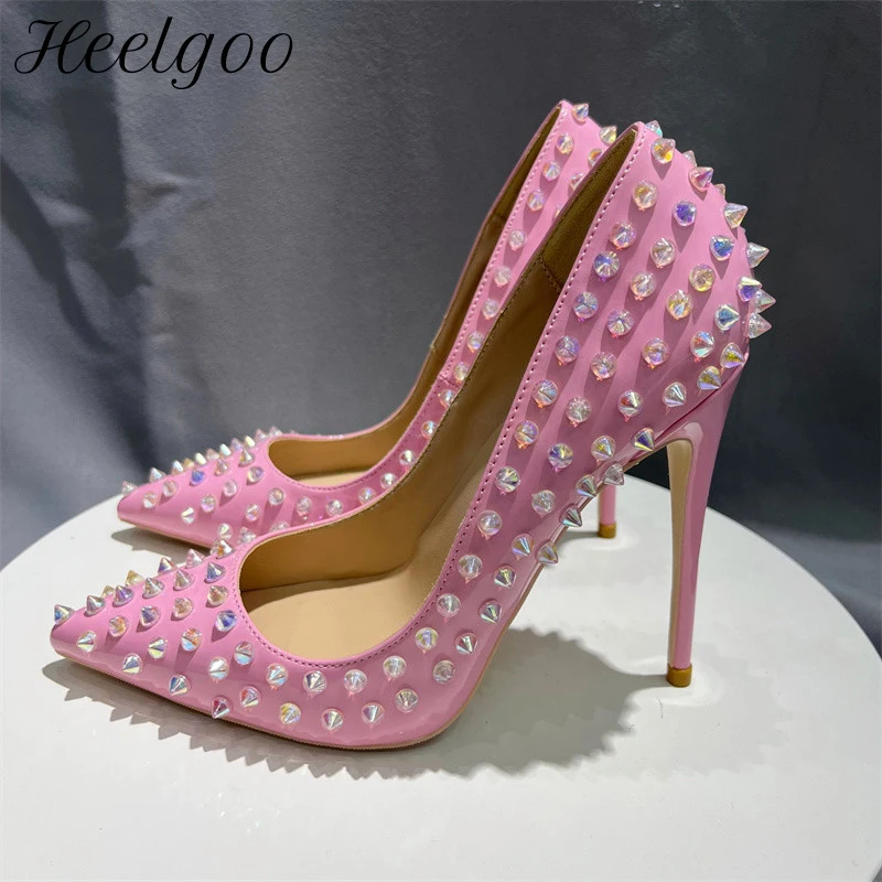 Heelgoo Shiny Spikes Women Patent Pink Pointy Toe Sexy High Heel Party Shoes Rivets Studs Ladies Slip On Stiletto Pumps 8-12cm