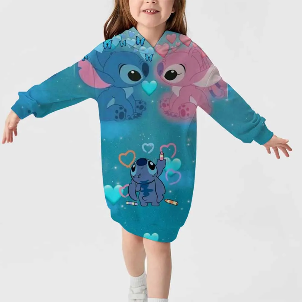 Girls new Stitch comfortable hoodie skirt top Disney Stitch print 2024 new autumn and winter hooded skirt