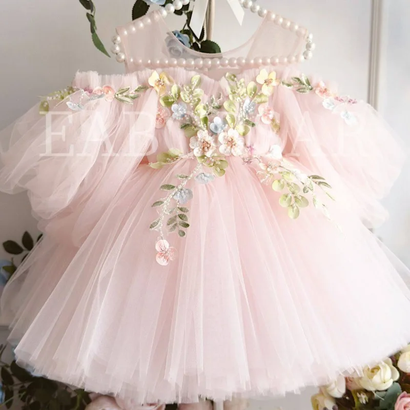 

Pink Mesh Tutu Performance Girls Dress Three Dimensional Flower High End Dress Kids Wedding Piano Evening Fairy Dress