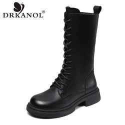 DRKANOL Fashion Women Mid Calf Boots High Quality Full Cow Leather Cross Tied Thick Heel Trend Comfort Winter Warm Boots Black