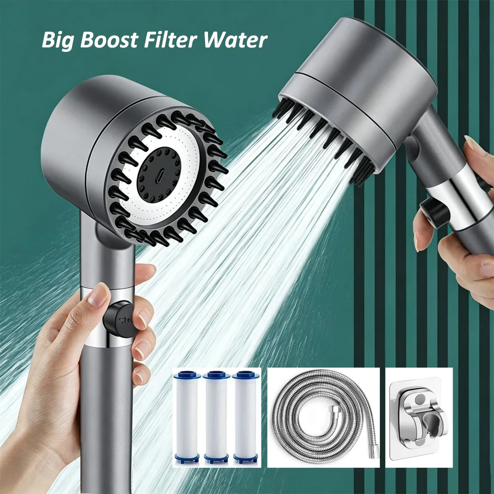 New 3-Mode Adjustable High Pressurized Filter Shower Head with Massage Brush Rain Faucet Bathroom Shower Accessories