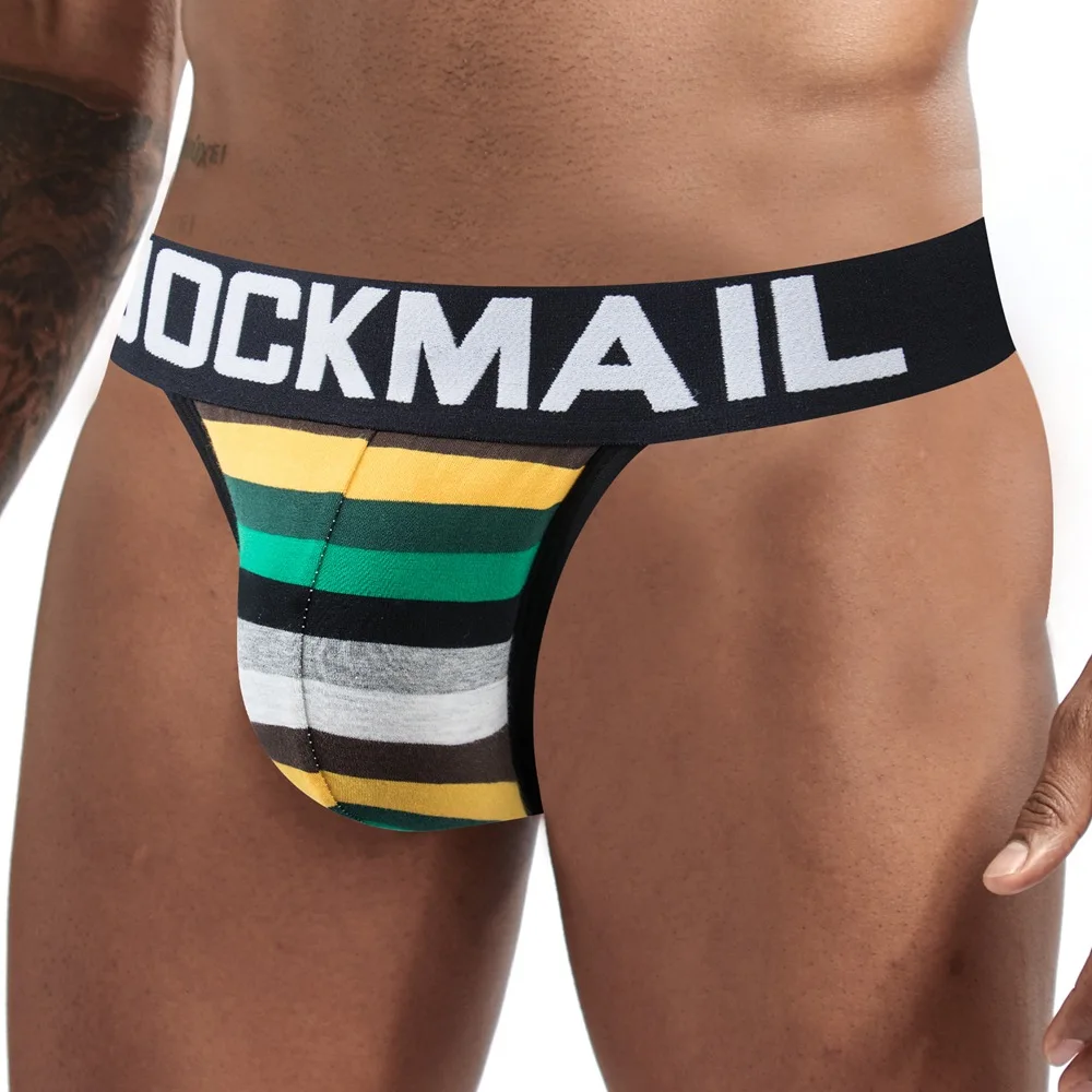 

Mens Athletic Supporter Cotton Breathable Jockstrap Elastic Waistband Gay Underwear Sexy Rainbow Stripes Thong G String Panties