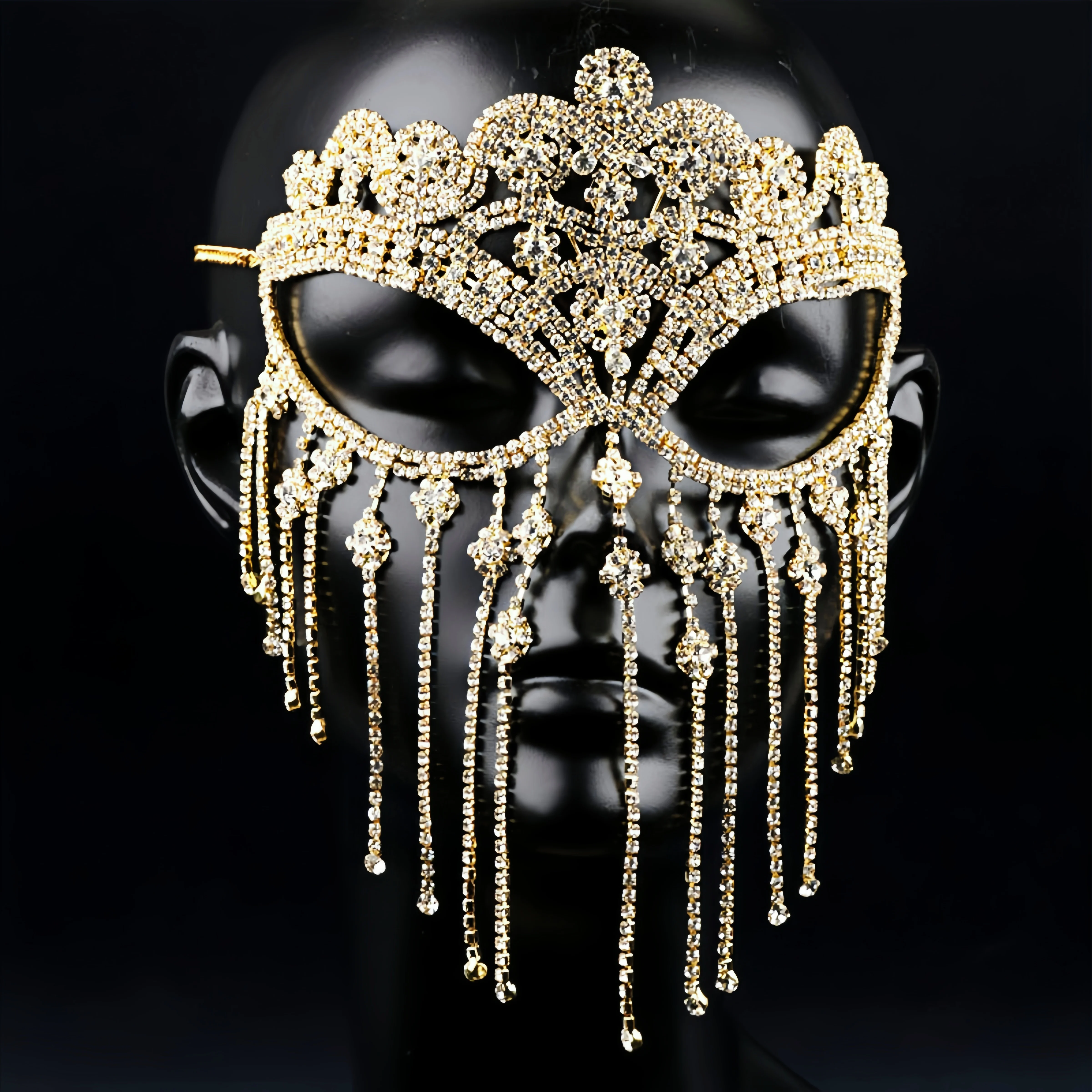 

Luxury Women Crystal Mask Gold Color Mask For Girls Cosplay Party Rhinestones Jewelry Head Accessories headpiece