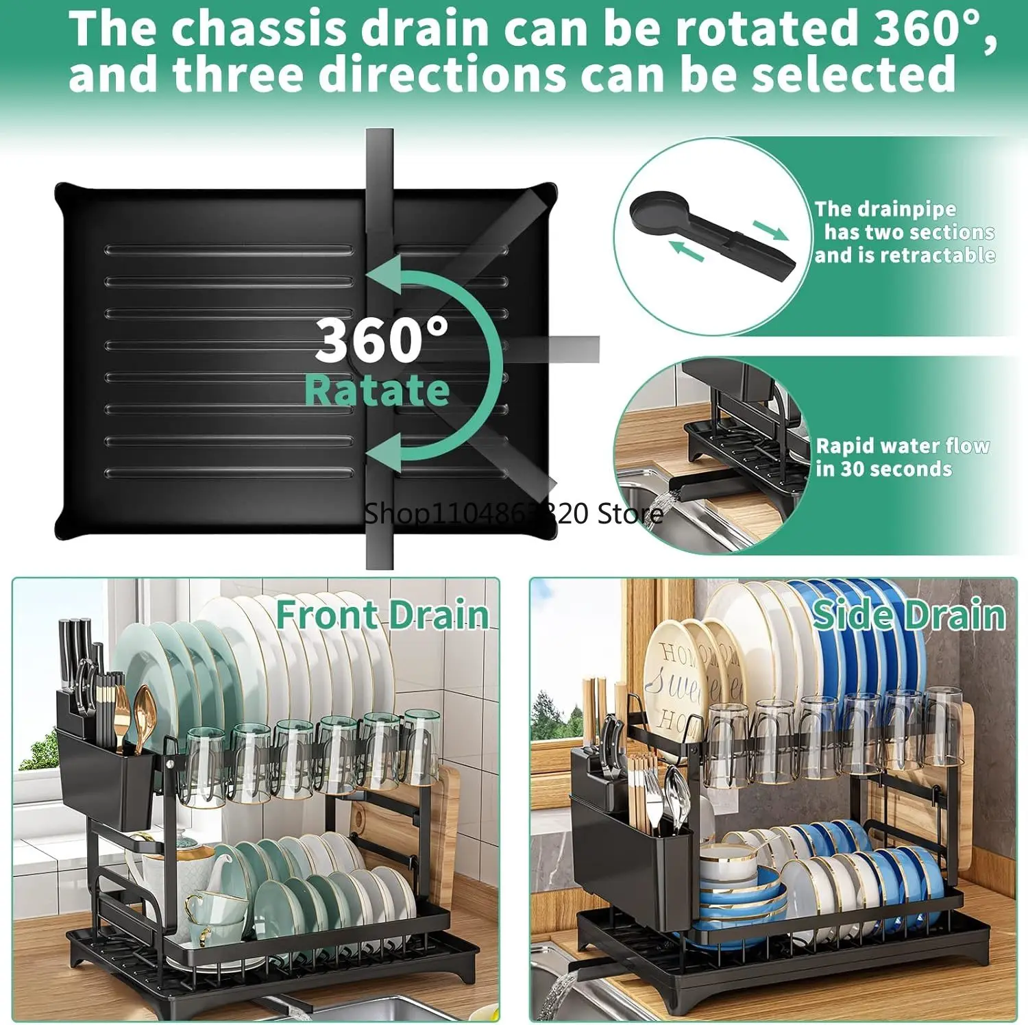 Kitchen countertop 2-tier dish drying rack, kitchen countertop dish drainer with drip tray, metal kitchen dish rack with drip tr - view 2