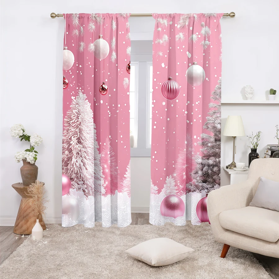 2PCS Pink Christmas Curtains, Holiday Festive Print, Winter Window Drapes for Living Room Bedroom Home Decoration