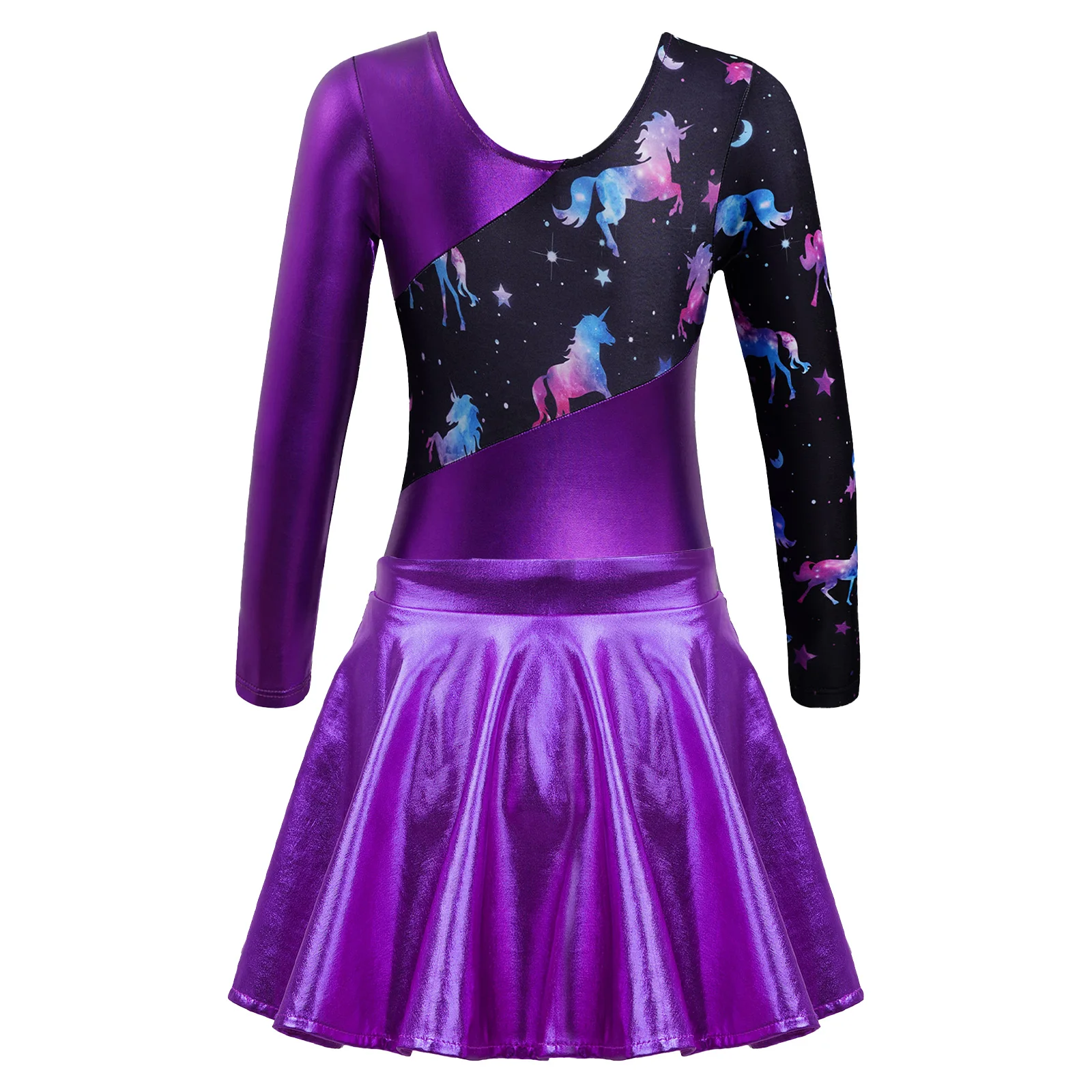 Kids Girls Metallic Gymnastics Jumpsuit Long Sleeve Printed Patchwork Tutu Leotard with Skirt Children Ballet Dance Outfit