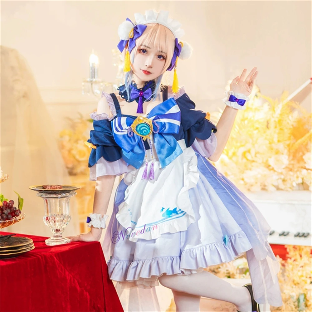 GenshinImpact Cosplay Maid Kokomi Costume Uniform Wig Shoes Sexy Women Halloween Christmas Party Fancy Dress Outfit Full Set