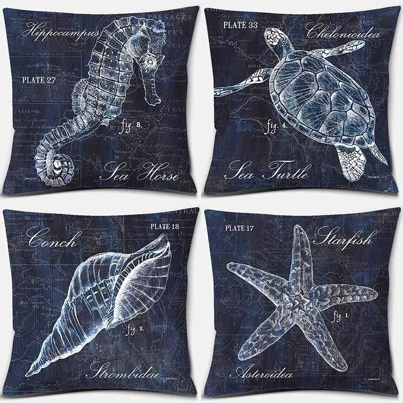 Seahorse Shell Tortoise Starfish Print Square Pillowcase Home Decor Car Sofa Cushion Cover (45cm * 45cm)