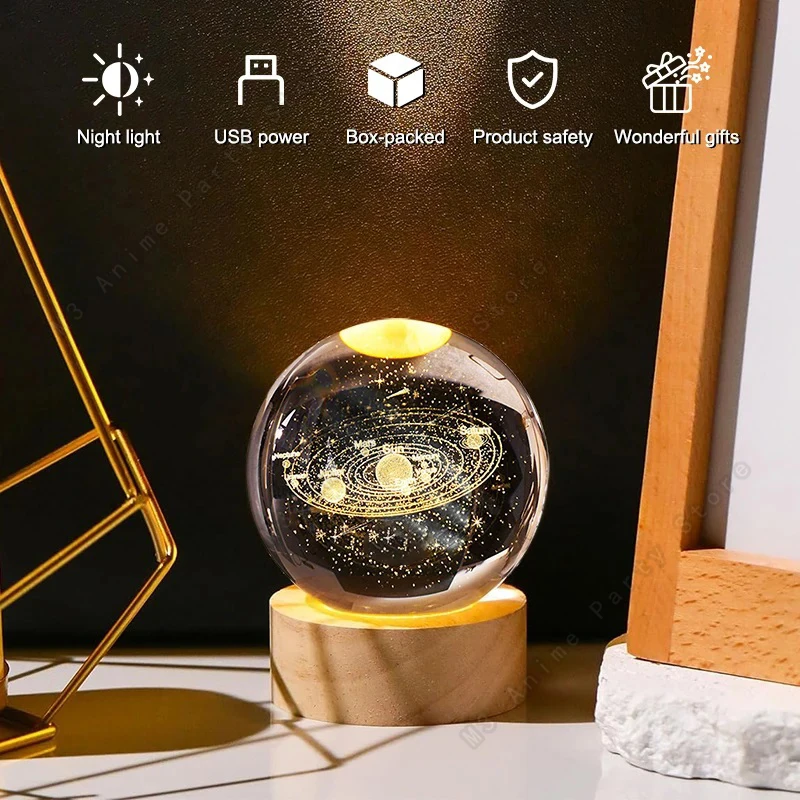 Único 3d bola de cristal luz da noite lâmpada led mesa cabeceira galáxia lâmpada brilhante saturno planetas lua crianças brinquedo 5cm presente aniversário