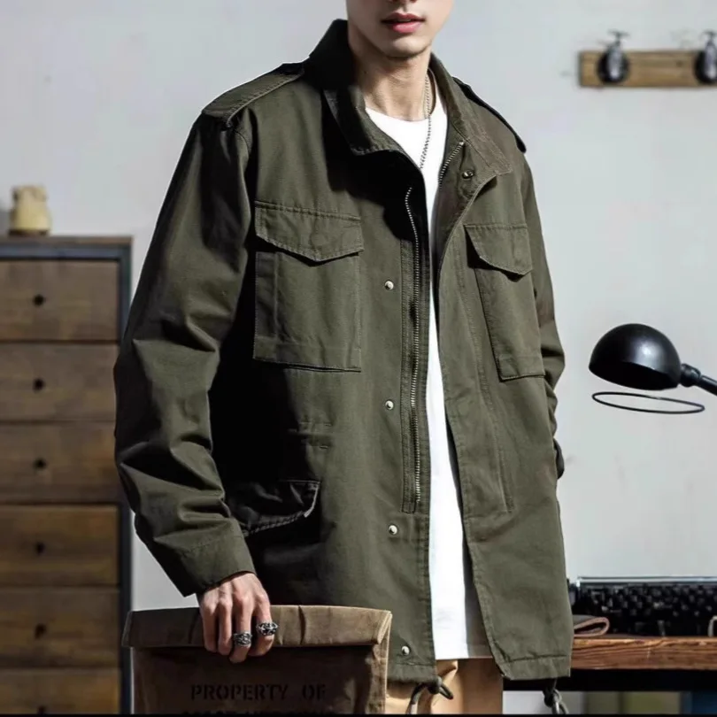 

Men's Jacket Retro Tooling Wind Multi-pocket Zipper Turn-down Collar Drawstring Windproof Solid Color Casual Loose Workwear