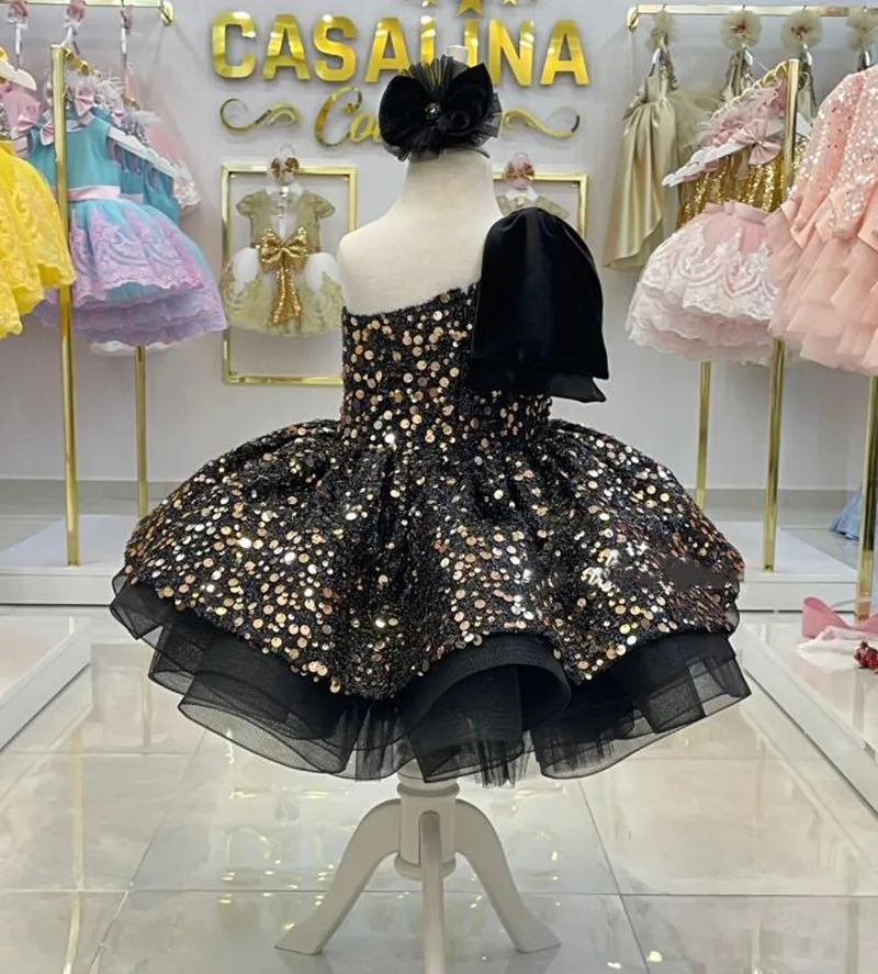 Vestido de un hombro para niña pequeña, traje de fiesta de princesa, lentejuelas brillantes, color negro, primera comunión