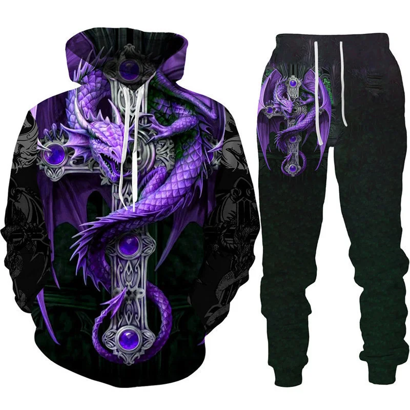 Vintage Dragon Tattoo Hoodie 2Pcs Sets 3D Camouflage Print Men/Women Hooded Sweatshirt Pant Sets Oversized Fashion Men Clothing