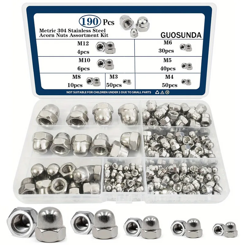 190pcs/set  Acorn Nut Set M3 M4 M5 M6 M8 M10 M12 Stainless Steel Hexagon Dome CapNut Blind Nut Assortment Kit