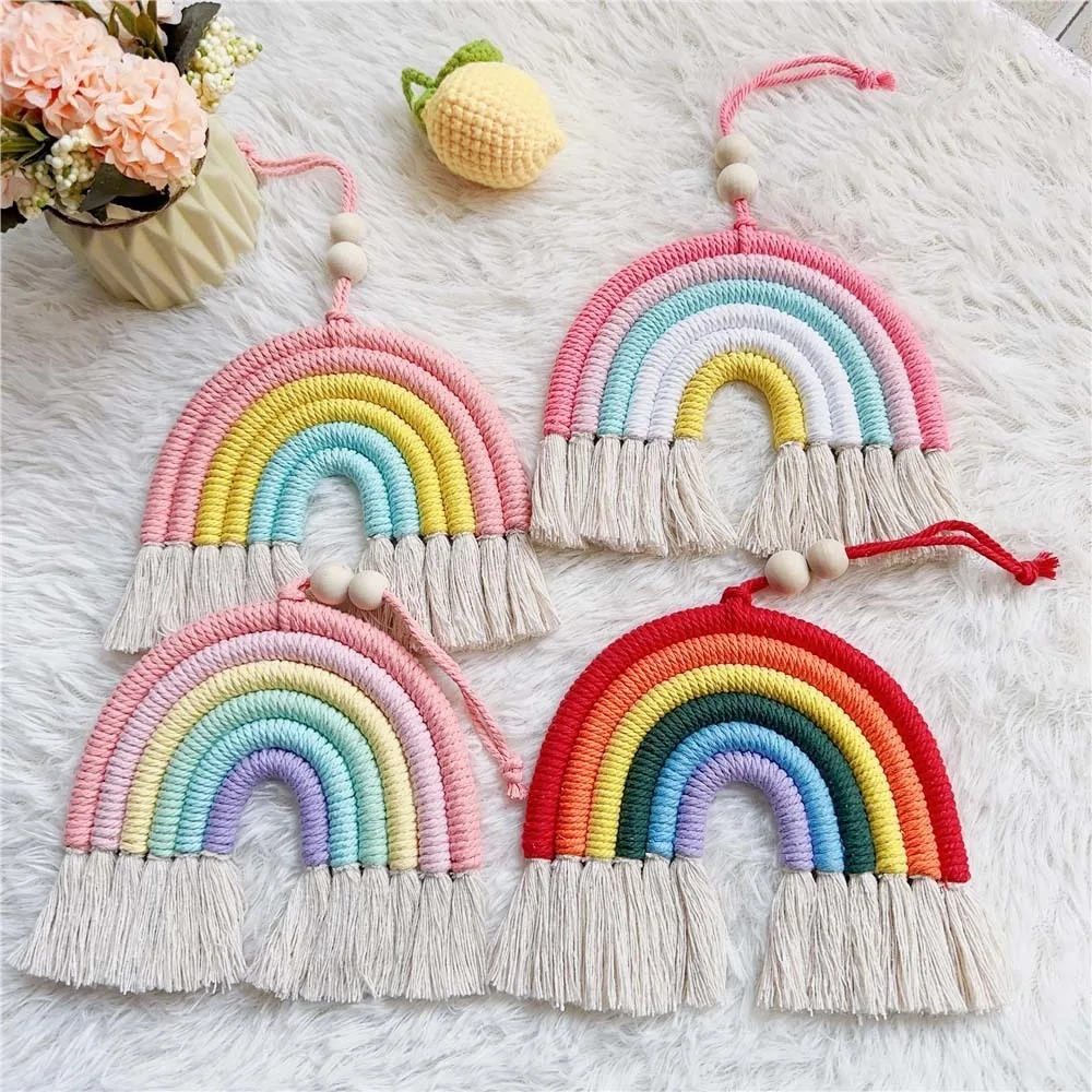 Ins Nordic Style Handmade Woven Cotton Rope Rainbow Tassels Bead Pendants Children'S Room Wall Hanging Holiday Decoration