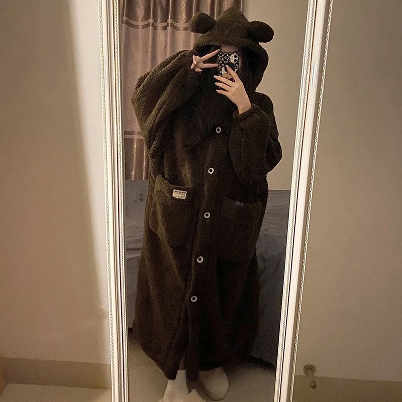 Bear Robe for Women Sleepwear Hooded Nightdress Winter Pajama Fleece Night Wears Warm One Piece Nightgown Long Sleeve Homewear