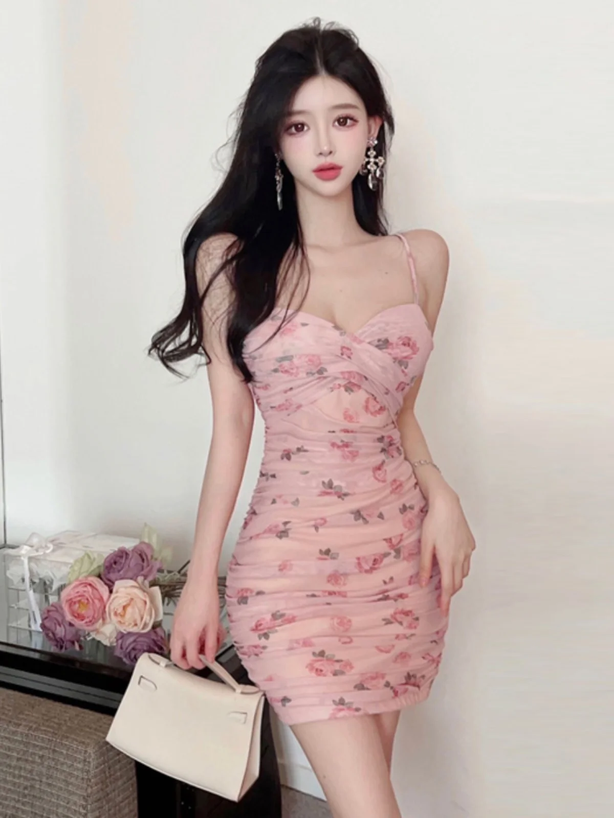 Sexy Short Printed Dress with Strap Folded Waist Slimming for Women H-Line Sweet Style Polyester Fabric Spring Collection