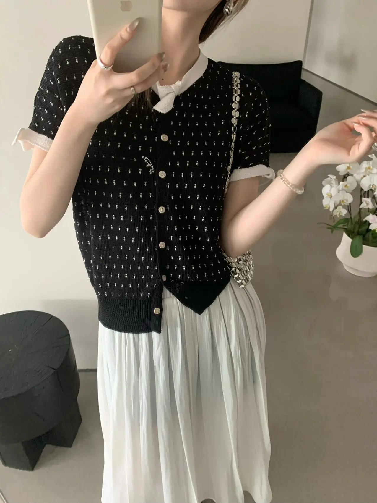 

Lilian Enxi Strawberry Polka Dot Knitted Short Sleeve T-Shirt Women's Youthful Style Spring Fashion Casual round Neck Top