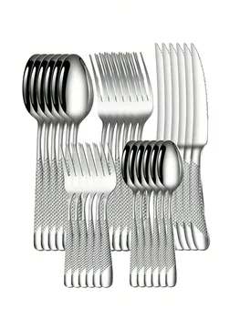 6 Stück/30 Stück Edelstahl Silber High-End-Stern-Diamant-Geschirrset Messer, Gabel und Löffel Dessertgabel und Löffel