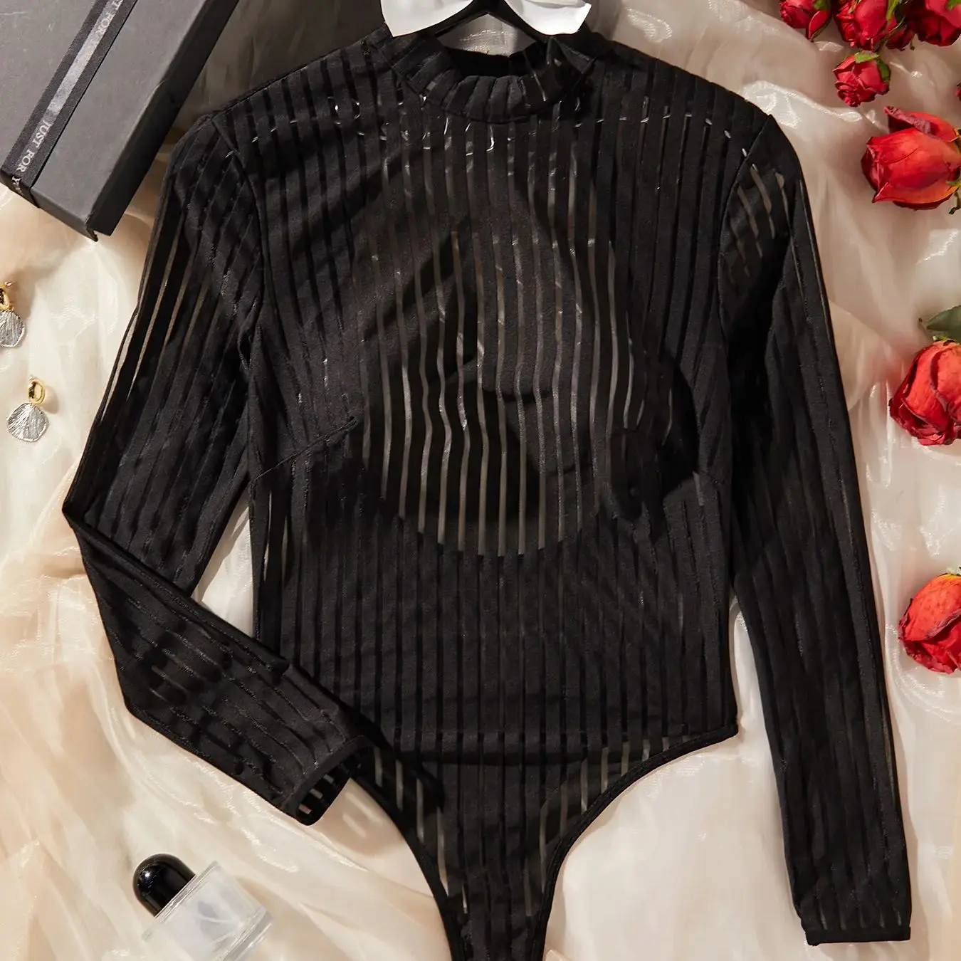 

See Through Mesh Long Sleeve Bodysuit Women Sexy Backless One Piece Jumpsuit Thongs Fashion Costume Romper Slim Fitted Shapewear