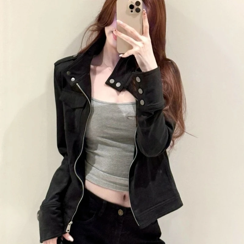 Y2k Amerikanischen Vintage Langarm Jacke Stehen Neck Frauen Casual Streetwear Mantel Reine Farbe Zipper Schlank Patchwork 2025, Herbst