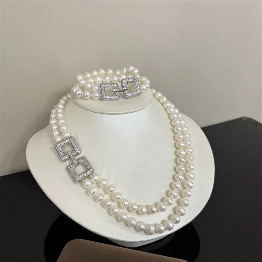 Double row pearl necklace AAAA 8-9mm natural round Japanese pearl necklace 18-20inch+bracelet 7.5-8inch 925s
