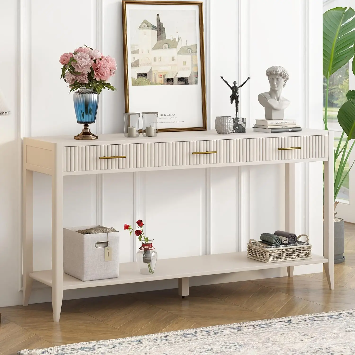 Entryway Console Table with 3 Vertical Stripe Drawers and Storage Bottom Shelf, Sofa End Table with Sturdy Long, Customized