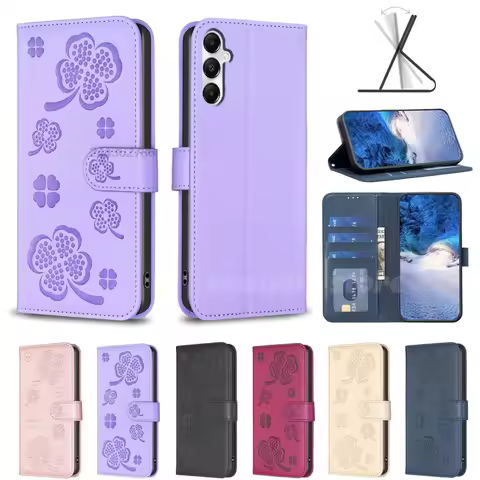 Wallet Four Leaf Clover Embossed Magnetic Leather Cover For Samsung Galaxy Buddy 2 Quantum 4 A22s A32 M32 A22 5G M22 F22 F42