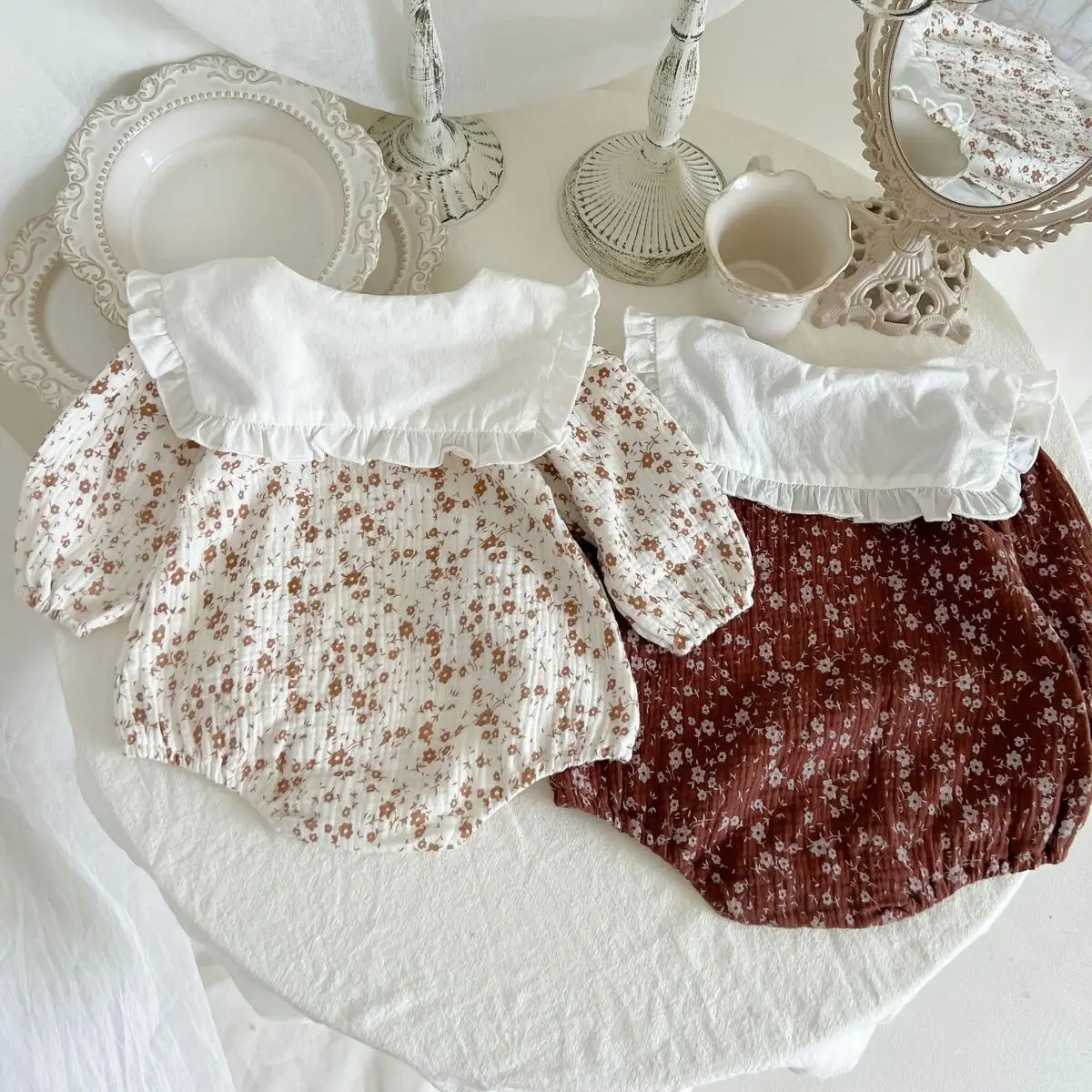 Baby Clothes for Girls Autumn Cotton Double-layer Yarn Floral Wrap Clothes Crawling Romper Hundred-day Party Clothes Sweet Cute