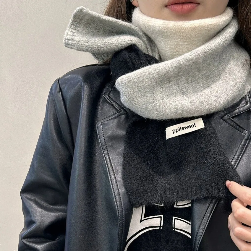 Contrast-Color Knitted Scarf Warm Material Fall Winter Weight Knit Neck Wrap Versatile Styling Patchwork Design Yarn Scarf