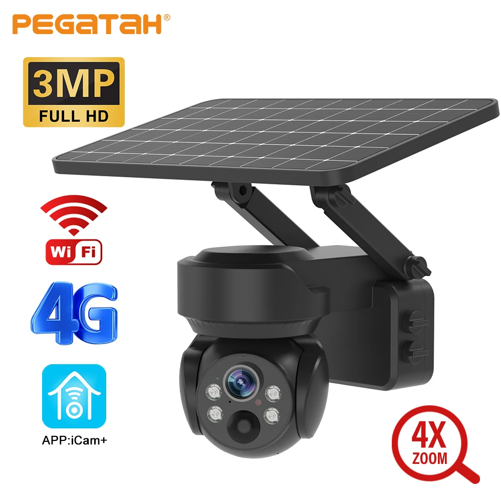 

PEGATAH 3MP Solar Camera Outdoor 4G/Wifi Camera 4X Optical Zoom Motion Detection Full Color Night Vision Security IP Cameras