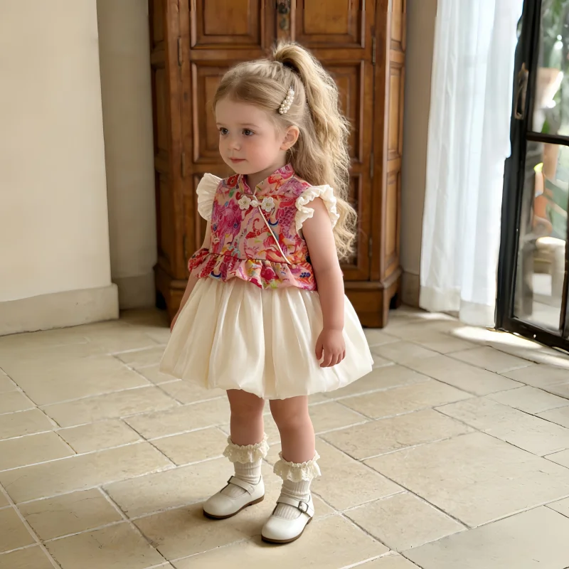 Baby Girl Dress Summer Cotton Chinese Style Little Flying Sleeve Baby Dresses Cartoon Cute Casual Baby Girl Clothing