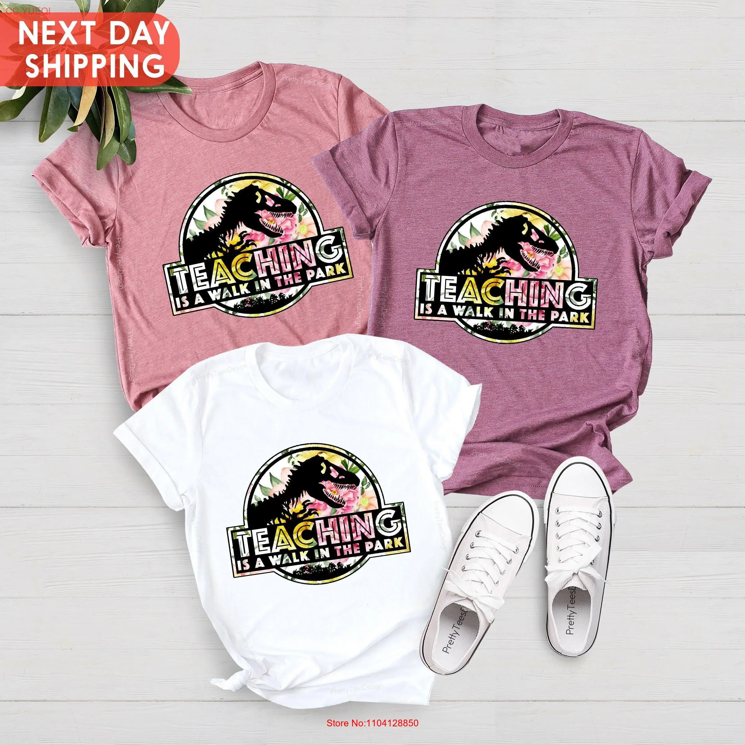 

Teaching is a Walk in the Park T Shirt Saurus Kindergarten Teacher for Funny long or short sleeves