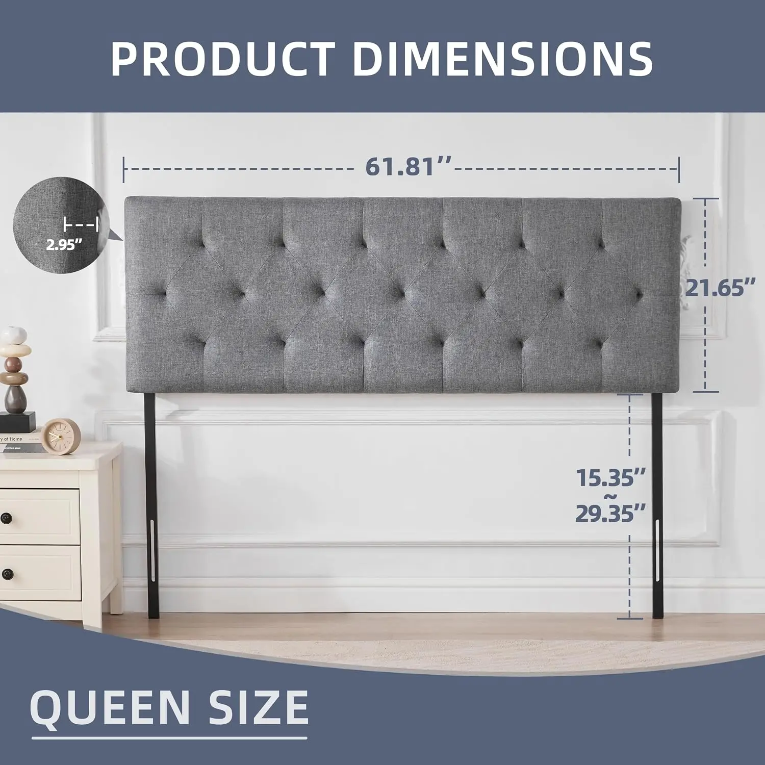 Linen Headboard Queen Size Only, Adjustable Height 37-51 in, Light Gray, Customized